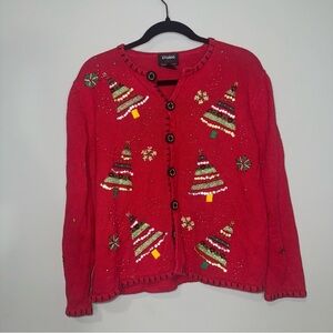 Designers Originals Studio Joy Red‎ Beaded Christmas Tree Cardigan Sweater Large